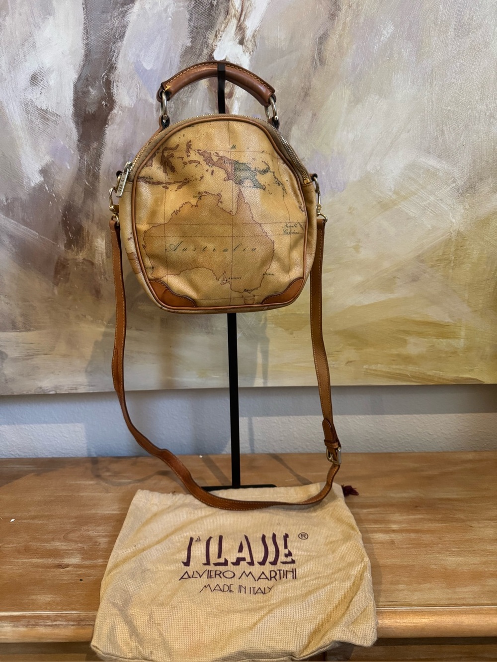 Alviero Martini Italian Map-Print Round Crossbody Bag in Tan
